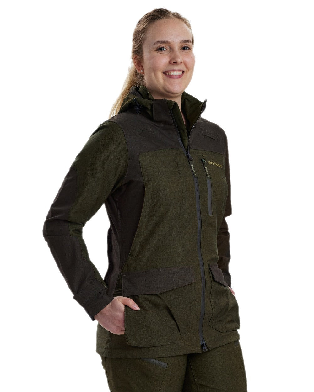 Olive Night Melange Coloured Deerhunter Lady Chasse Jacket on white background 