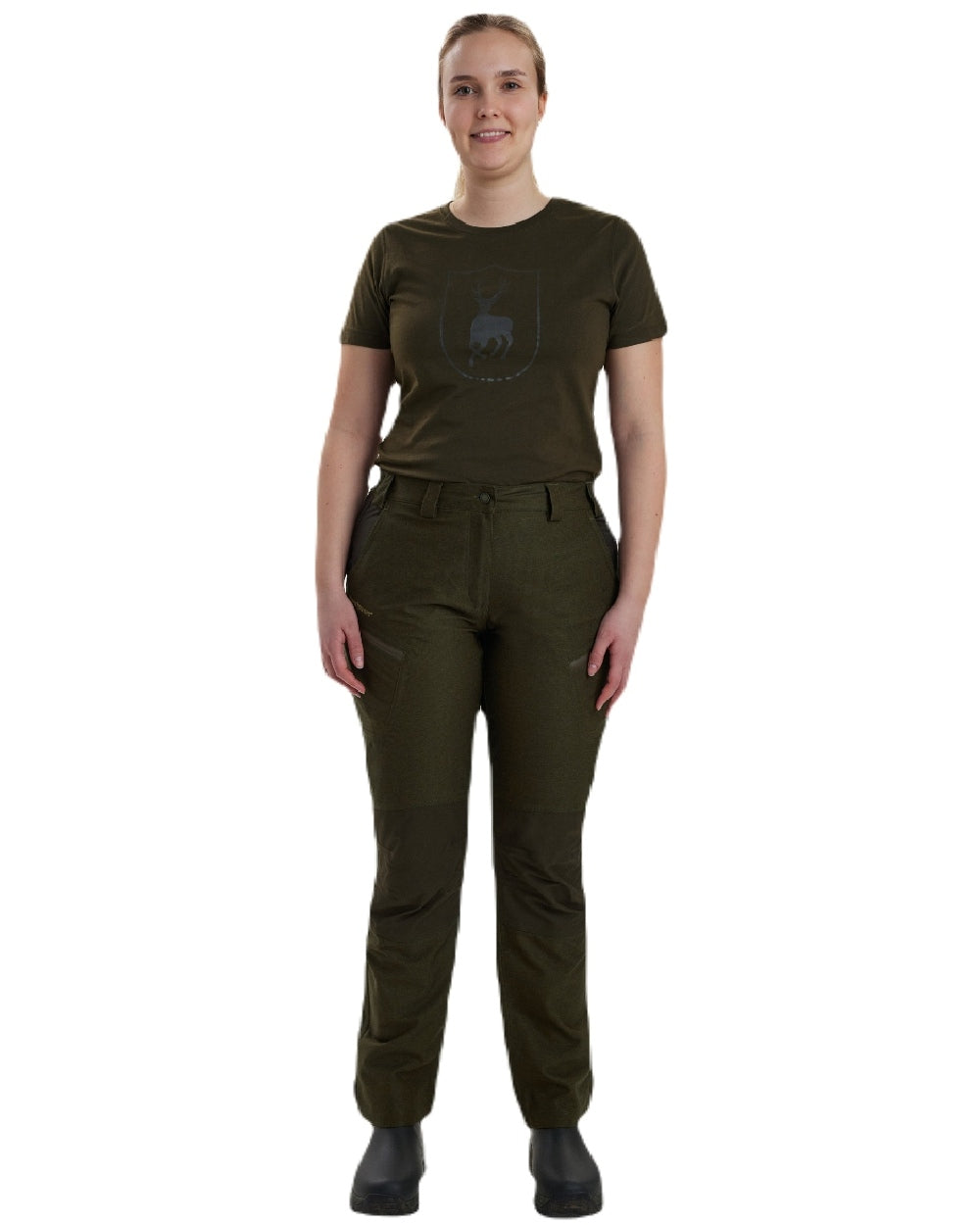 Olive Night Melange coloured Deerhunter Lady Chasse Trousers on white background 