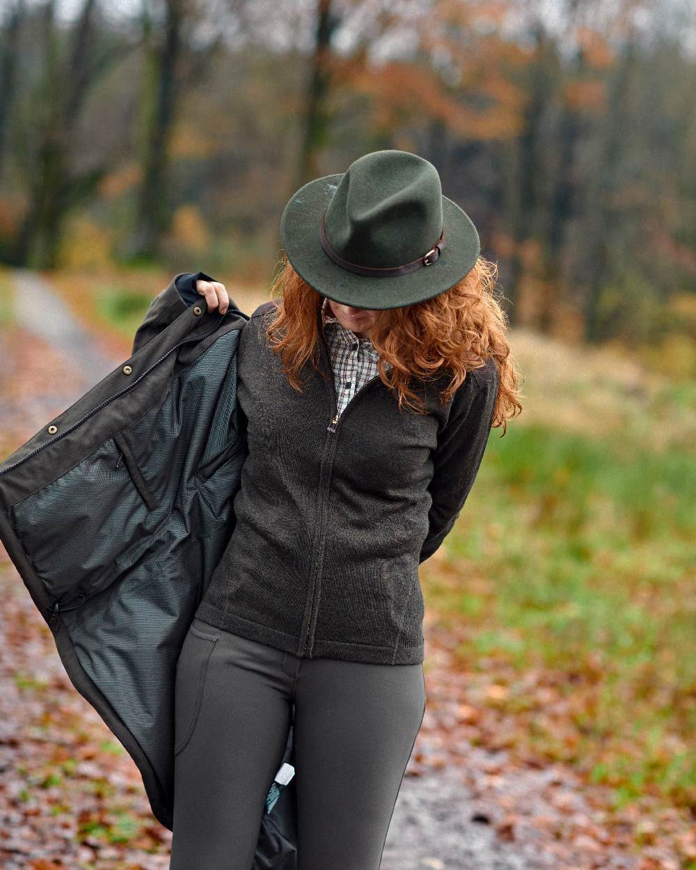 Dark Elm coloured Deerhunter Lady Darlington Full Zip Cardigan on blurry background 