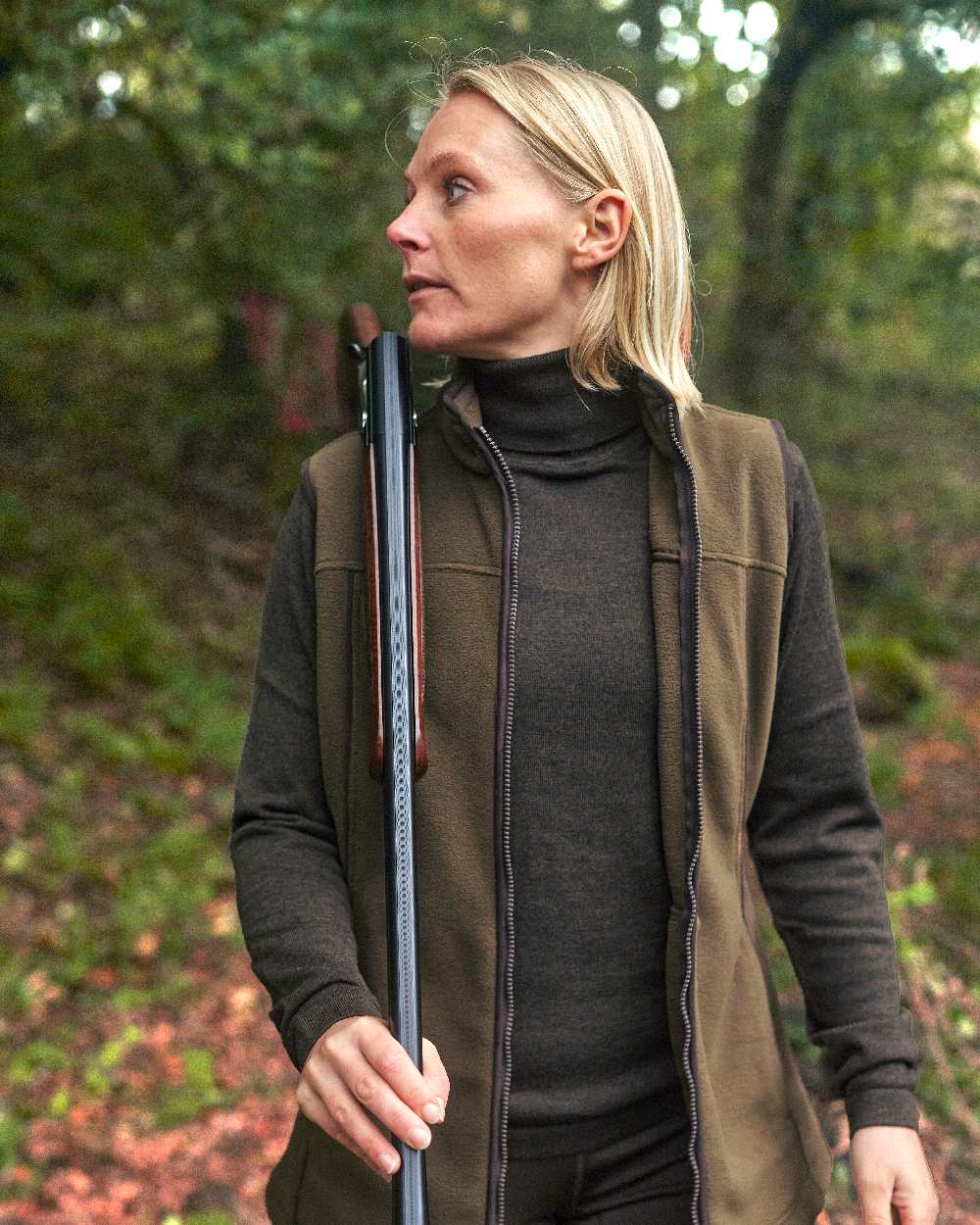 Dark Elm coloured Deerhunter Lady Darlington Roll Neck on blurry background 