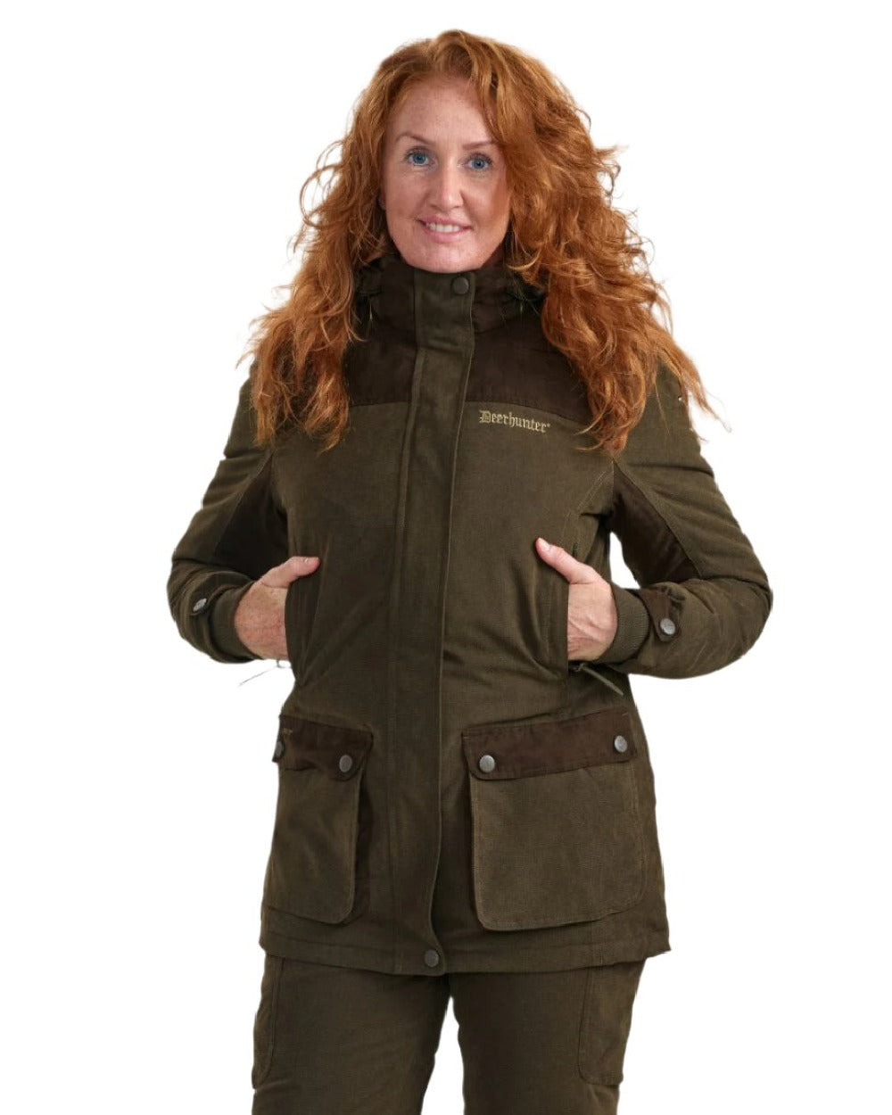 Tarmac Green coloured Deerhunter Lady Eagle Winter Jacket on blurry background 