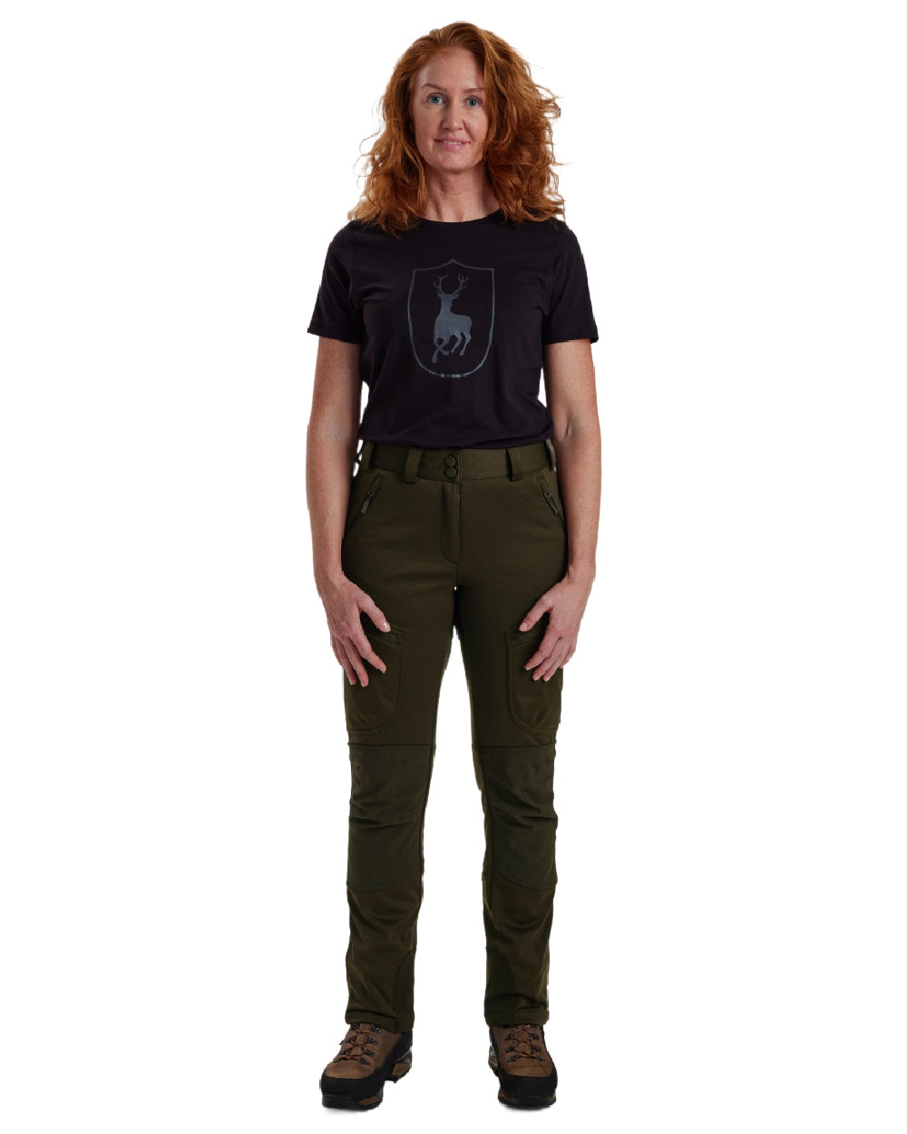 Art Green coloured Deerhunter Lady Excape Softshell Trousers on white background 