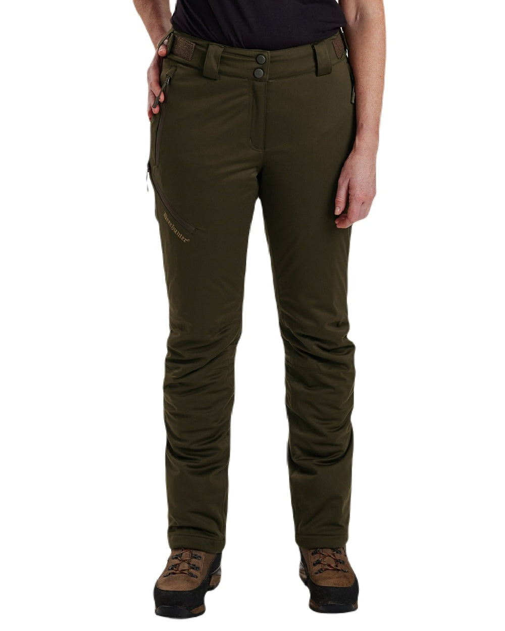 Art Green coloured Deerhunter Lady Excape Winter Trousers on white background 
