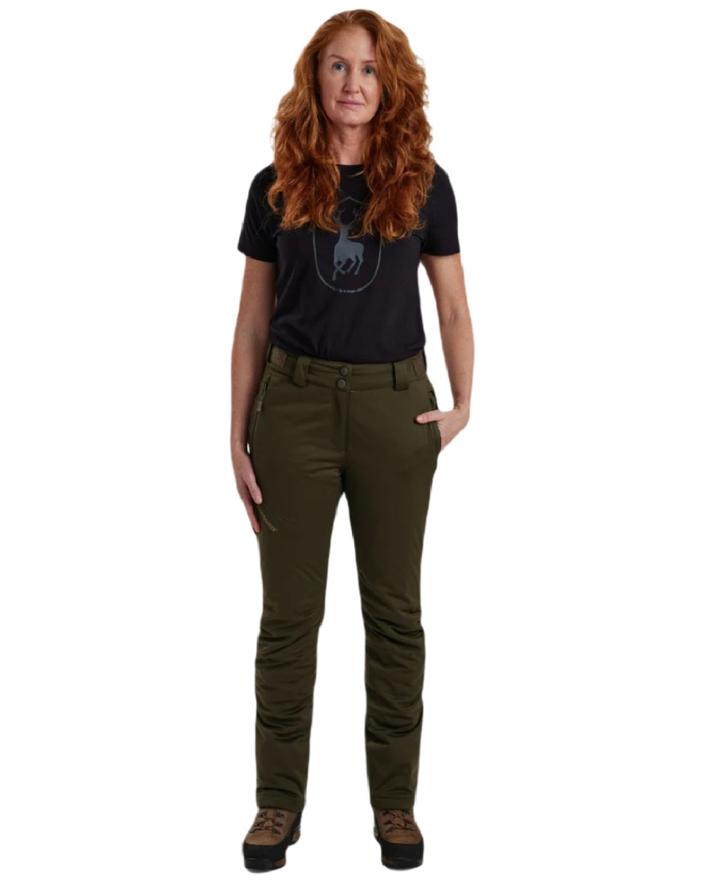 Art Green coloured Deerhunter Lady Excape Winter Trousers on white background 