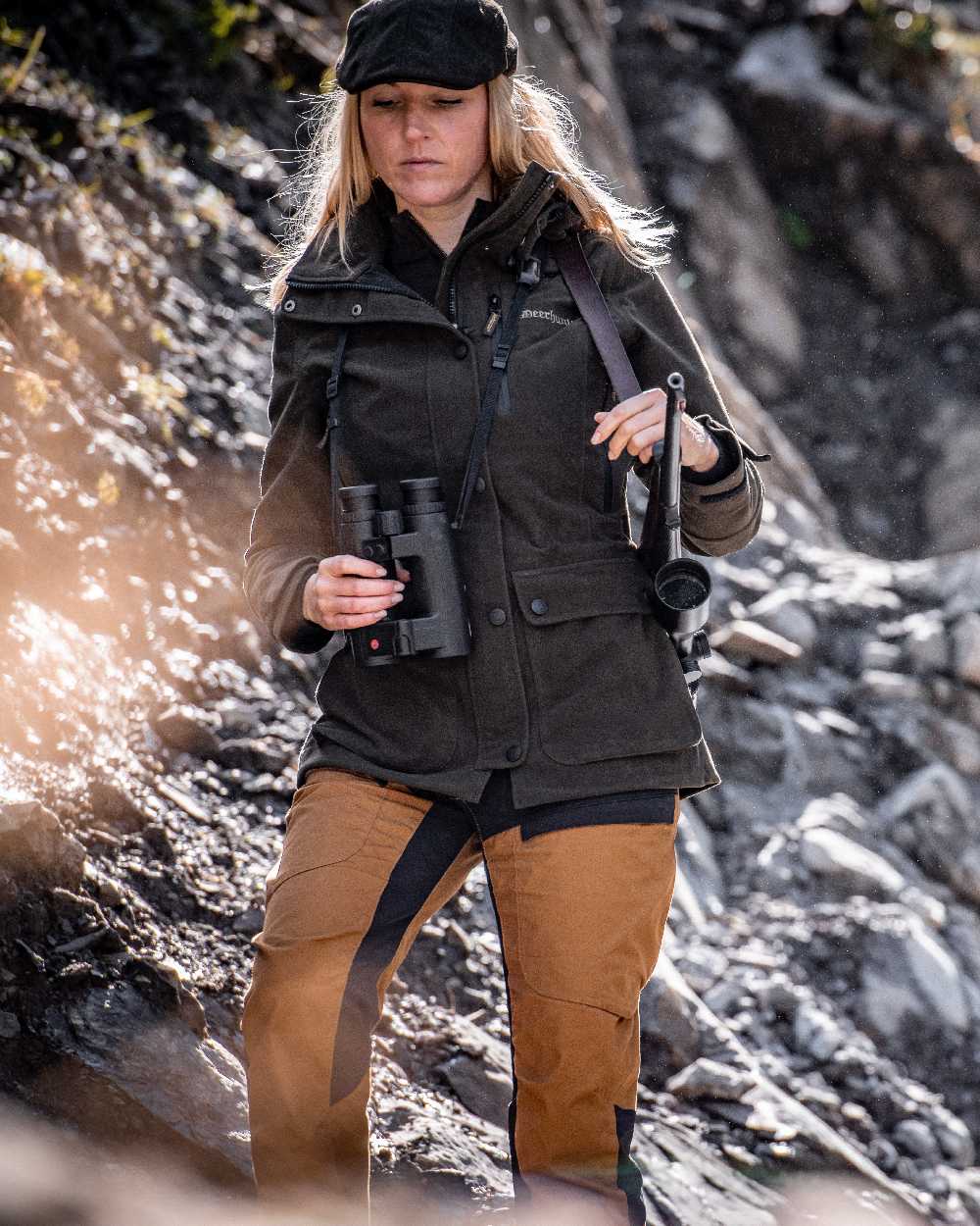 Peat Coloured Deerhunter Lady Gabby Jacket on rock background 