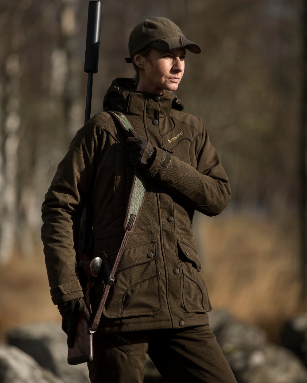 Art Green Coloured Deerhunter Lady Mary Jacket on blurry background 