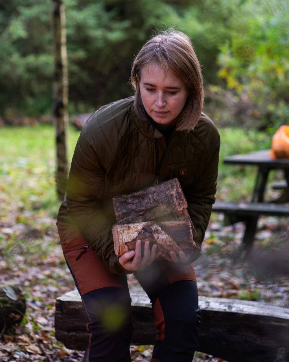 Forest Green coloured Deerhunter Lady Mossdale Quilted Jacket on forest background 