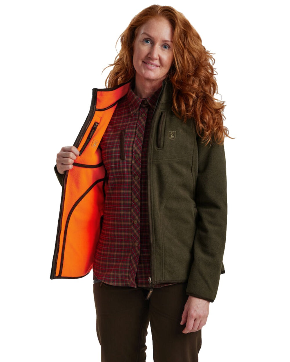 Green Orange coloured Deerhunter Lady Pam Reversible Bonded Fleece Jacket on white background 
