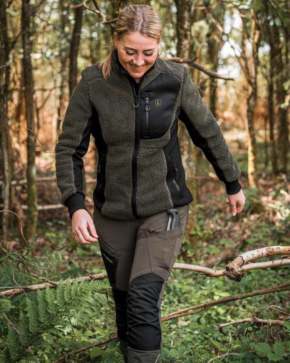 Adventure Green Coloured Deerhunter Lady Roja Fiber Pile Jacket On A Forest Background 