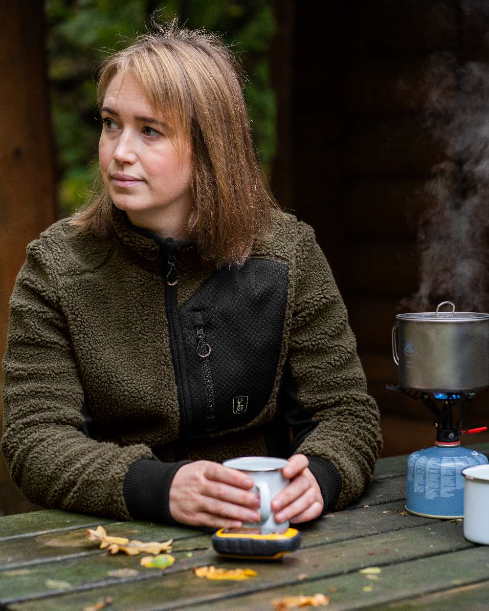 Adventure Green Coloured Deerhunter Lady Roja Fiber Pile Jacket On A Blurry Background 