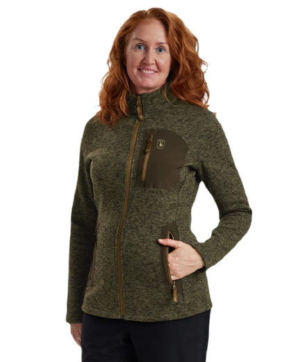 Olive Night Melange coloured Deerhunter Lady Sarek Knitted Jacket on white background 