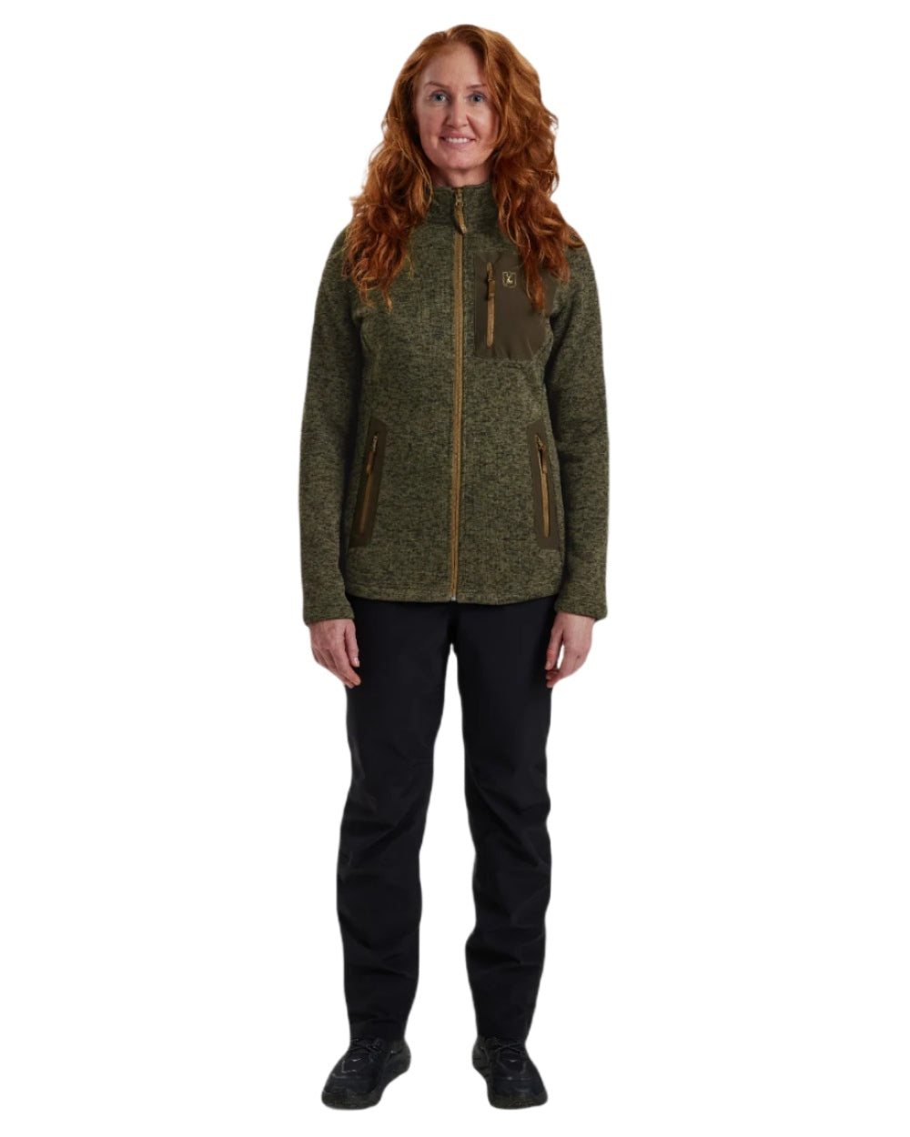 Olive Night Melange coloured Deerhunter Lady Sarek Knitted Jacket on white background 