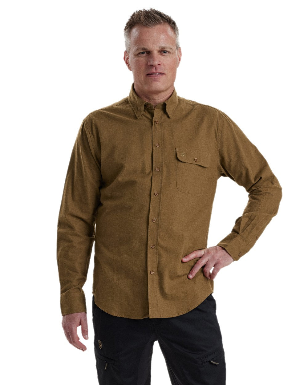 Ocher Brown coloured Deerhunter Liam Cotton Shirt on white background 