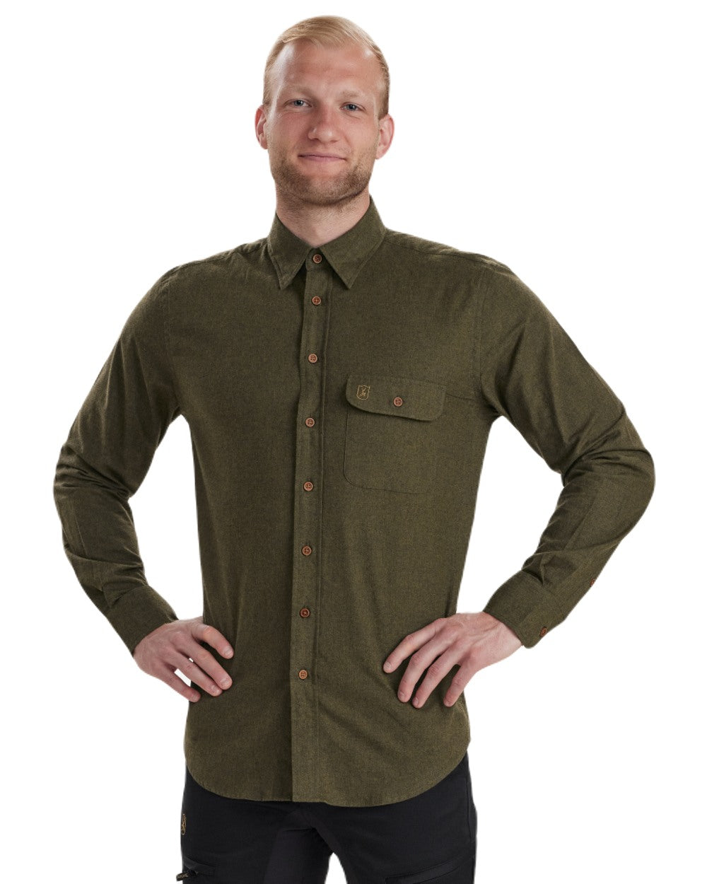 Tarmac Green coloured Deerhunter Liam Cotton Shirt on white background 