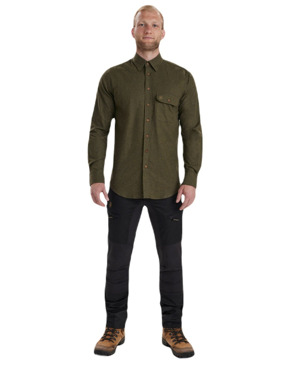 Tarmac Green coloured Deerhunter Liam Cotton Shirt on white background 