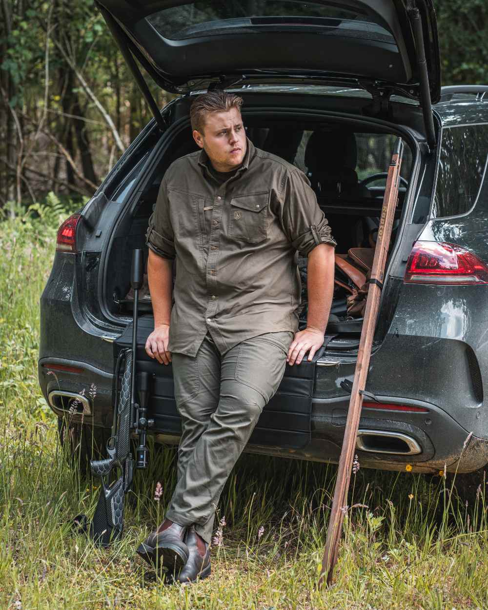 Forest Green coloured Deerhunter Matobo Shirt on car background 