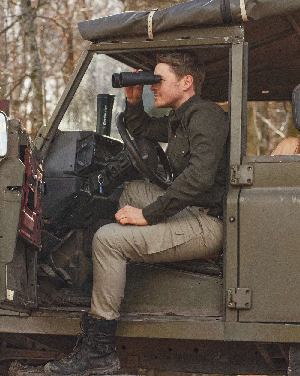 Forest Green coloured Deerhunter Matobo Shirt on jeep background 