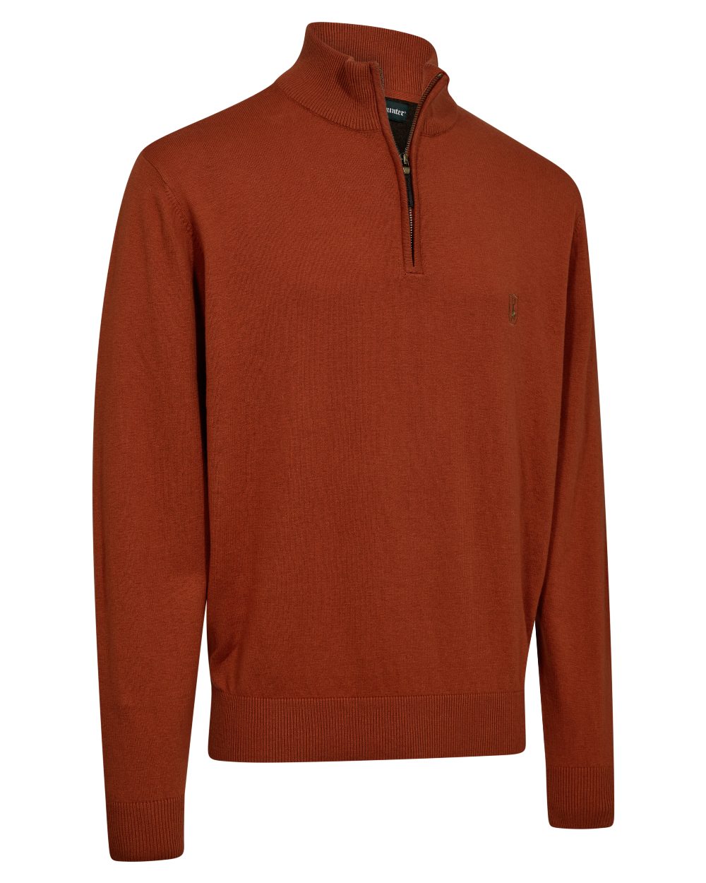 Oak Rust Melange coloured Deerhunter Mens Harrington Half Zip Knit Sweater on white background 