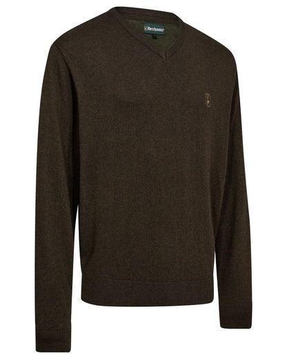 Brown Melange coloured Deerhunter Mens Harrington V-Neck Knit Pullover on white background 