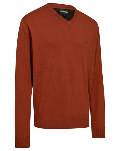 Oak Rust Melange coloured Deerhunter Mens Harrington V-Neck Knit Pullover on white background 