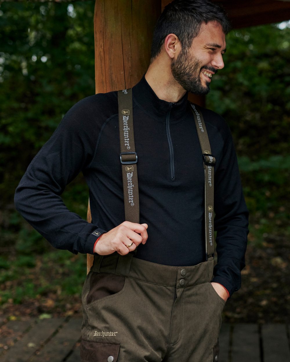 Black Oak coloured Deerhunter Mens Quinn Merino Half Zip Undershirt on forest background 