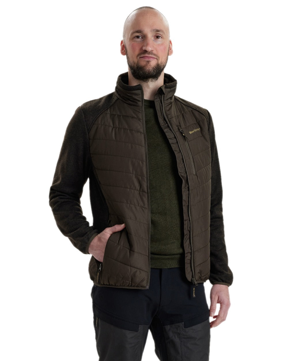 Brown Leaf Coloured Deerhunter Moor Padded Jacket with Knitted Sleeves on white background 