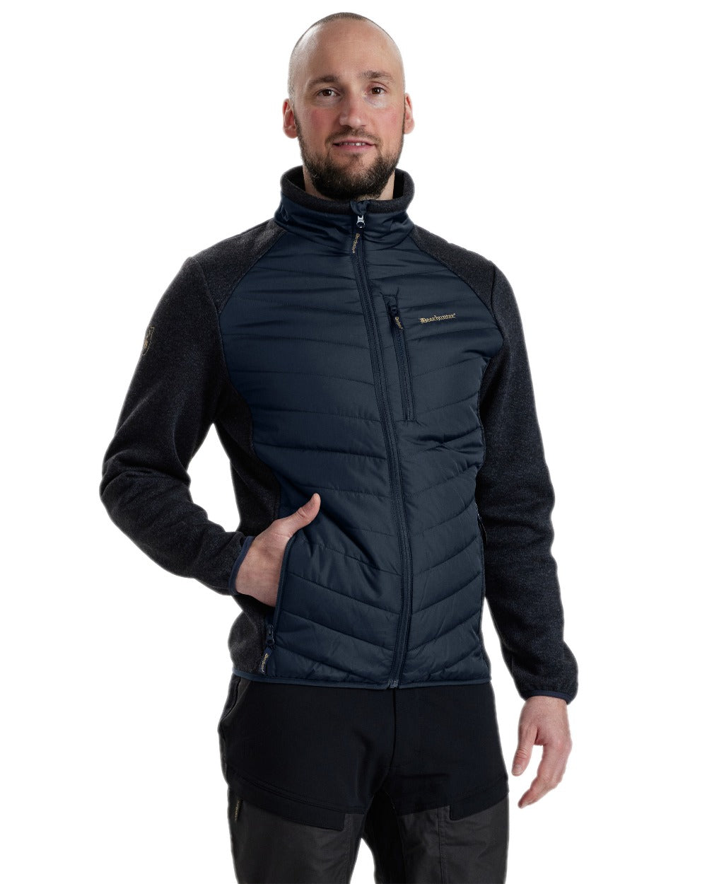 Dark Blue Coloured Deerhunter Moor Padded Jacket with Knitted Sleeves on white background 