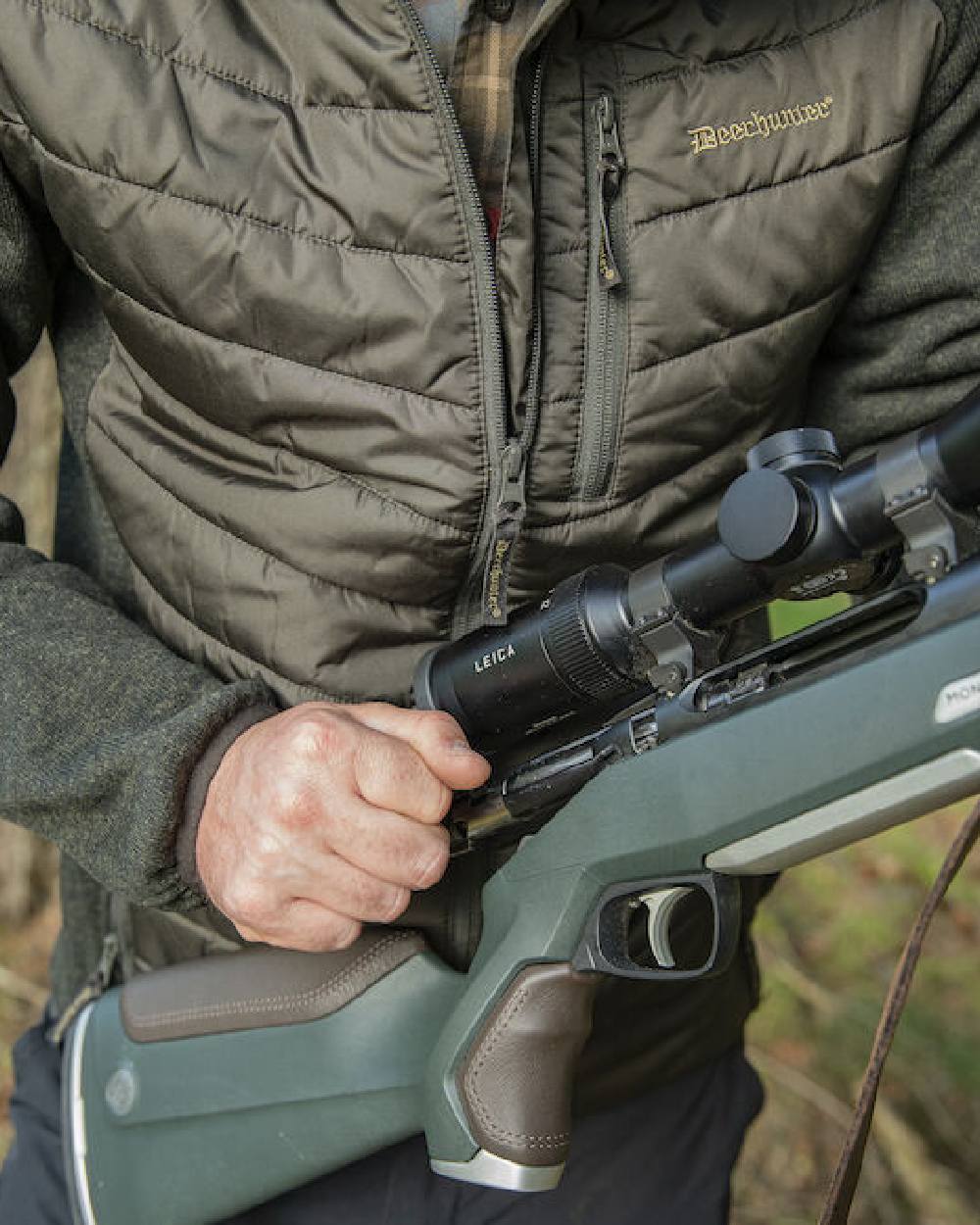 Timber Coloured Deerhunter Moor Padded Jacket with Knitted Sleeves on blurry background 