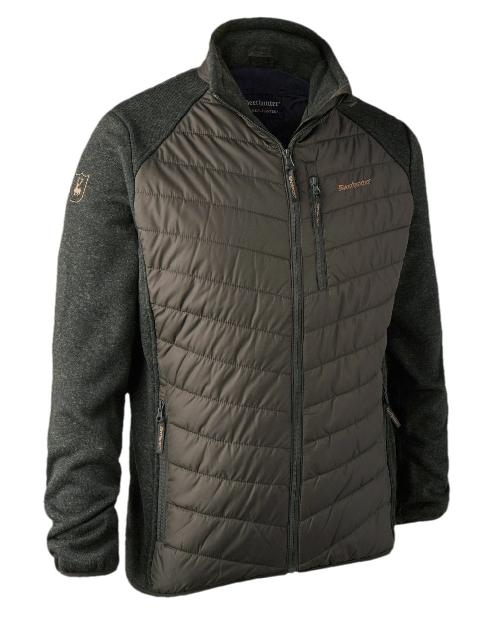 Timber Coloured Deerhunter Moor Padded Jacket with Knitted Sleeves on white background 