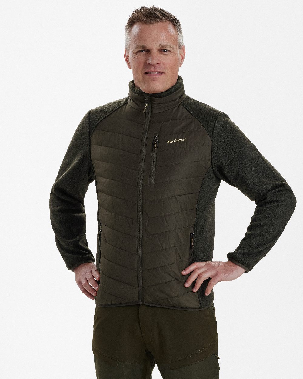 Timber Coloured Deerhunter Moor Padded Jacket with Knitted Sleeves on white background 