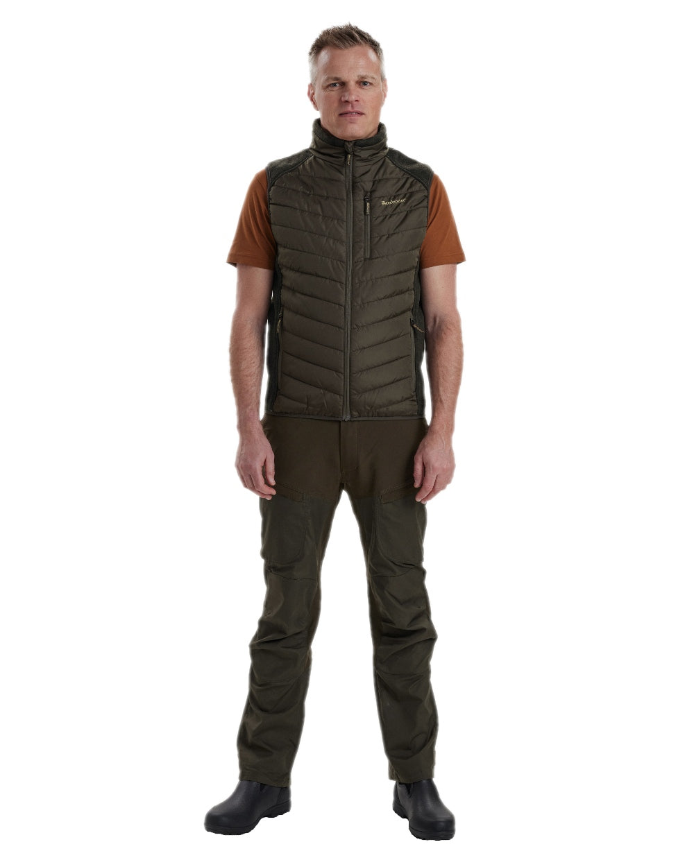 Timber Coloured Deerhunter Moor Padded Waistcoat with Knit on white background 