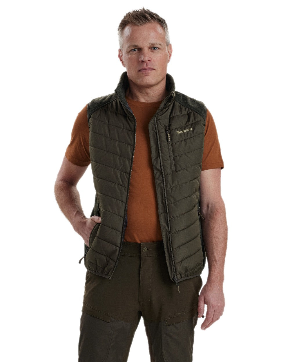 Timber Coloured Deerhunter Moor Padded Waistcoat with Knit on white background 