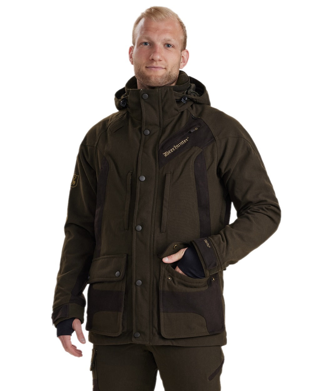 Wood Coloured Deerhunter Muflon Extreme Waterproof Jacket on white background 