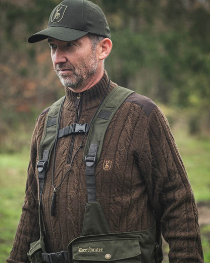 Art Green coloured Deerhunter Mens Randall Half Zip Knit Sweater on forest background 