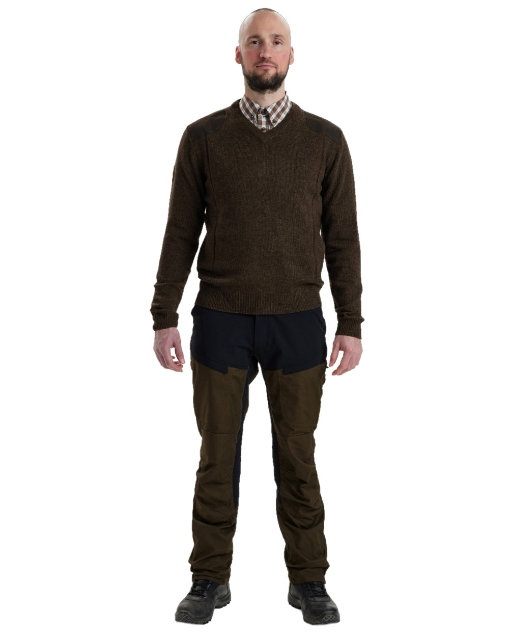 Dark Elm coloured Deerhunter Sheffield V-Neck Sweater on white background 