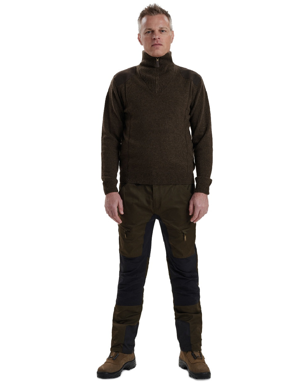 Dark Elm coloured Deerhunter Sheffield Zip Neck Sweater on white background 