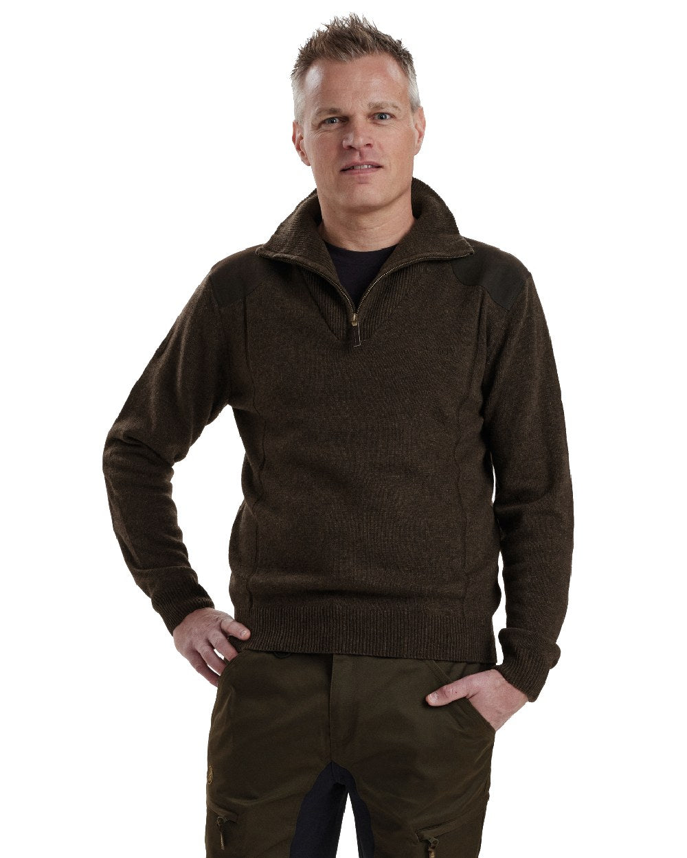 Dark Elm coloured Deerhunter Sheffield Zip Neck Sweater on white background 