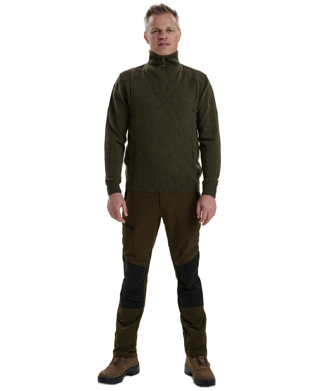 Green Melange coloured Deerhunter Sheffield Zip Neck Sweater on white background 