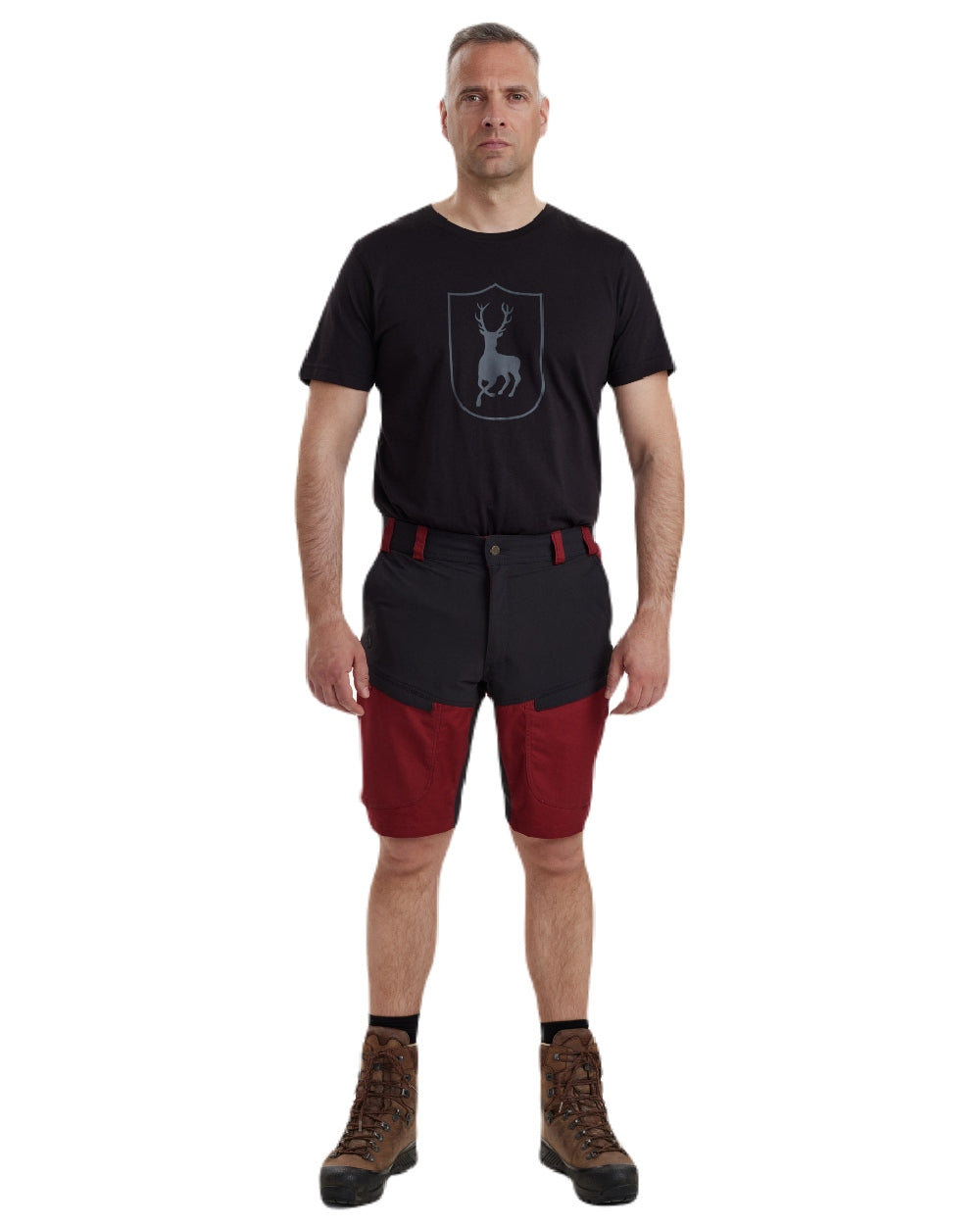 Oxblood Red coloured Deerhunter Strike Shorts on white background 