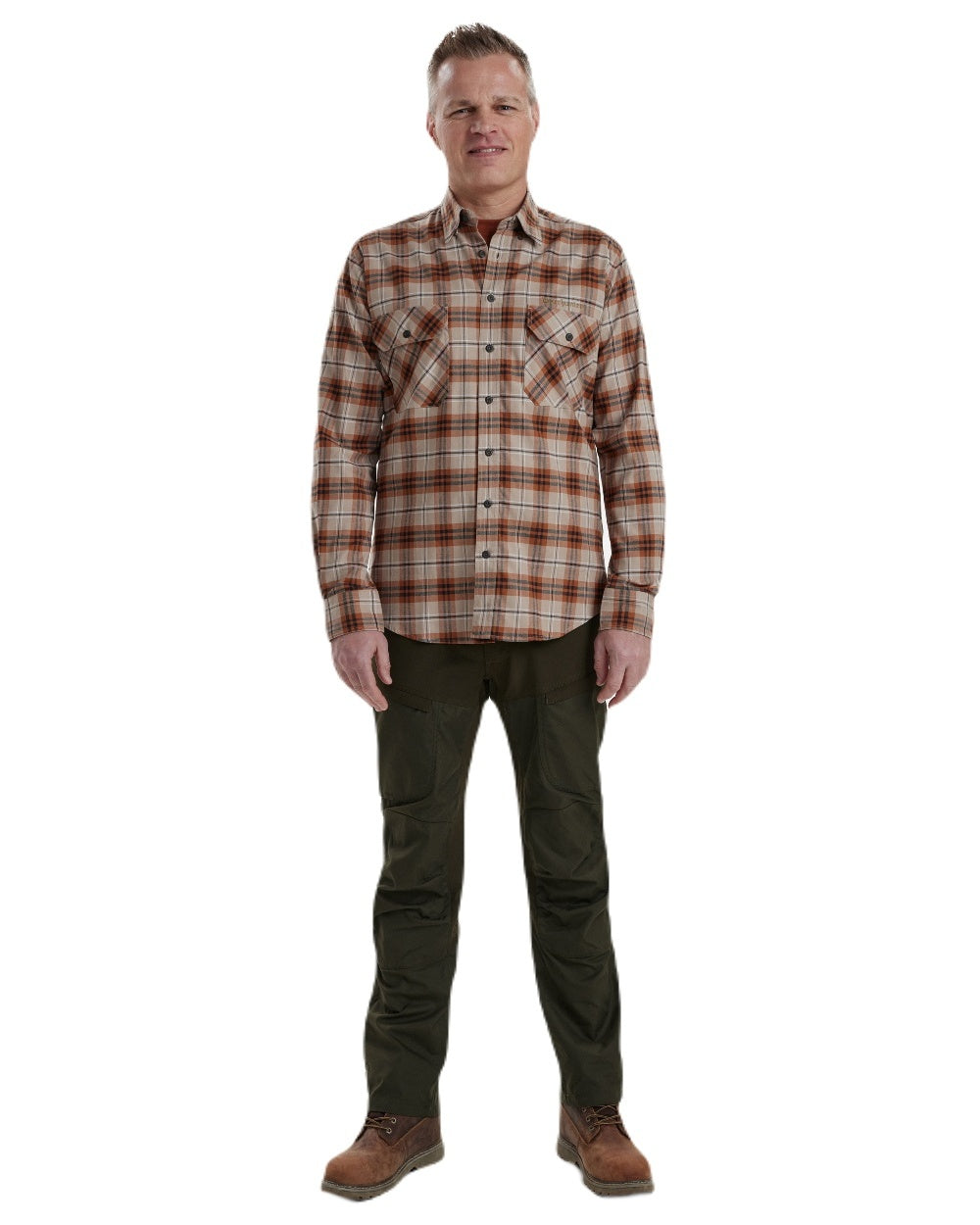 Orange Check coloured Deerhunter Louis Shirt on white background 