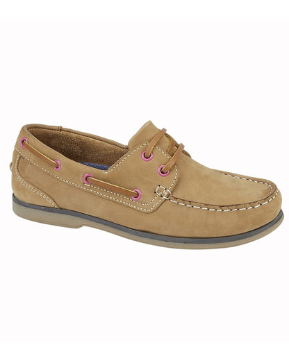 Honey coloured Dek Womens Moccasin Boat Shoes on white background 
