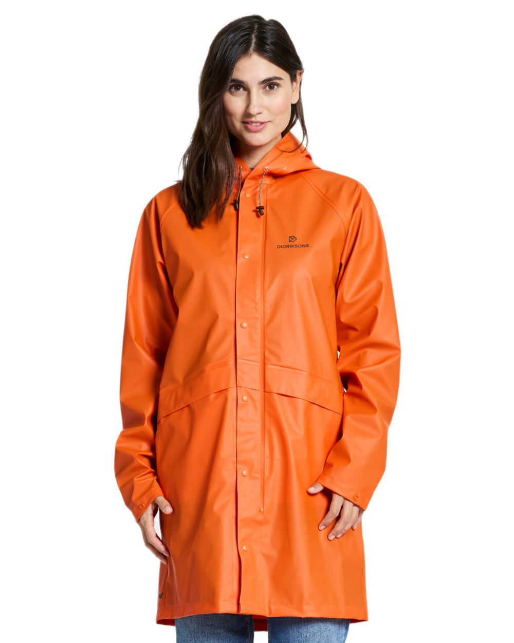 Flame coloured Didriksons Avon Parka on white background 