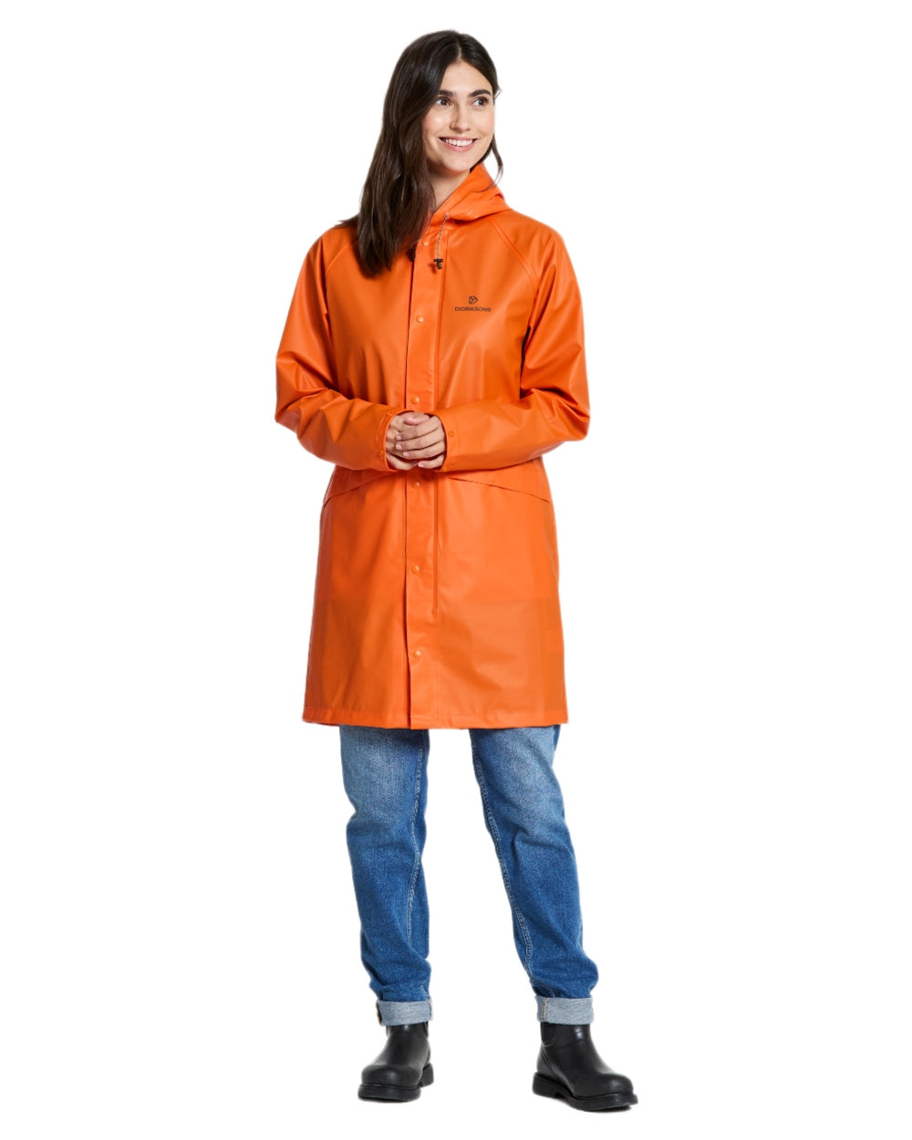 Flame coloured Didriksons Avon Parka on white background 