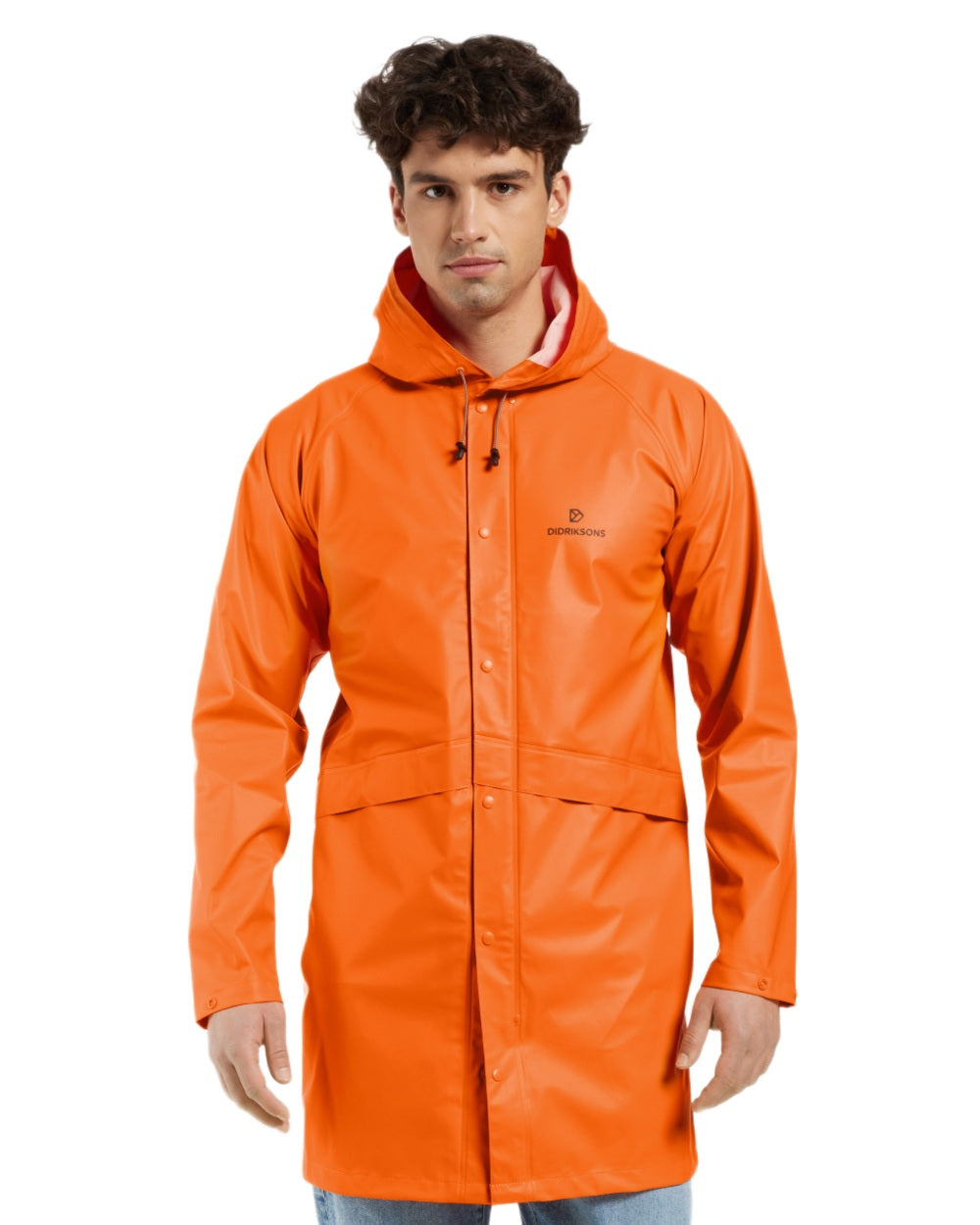 Flame coloured Didriksons Avon Parka on white background 