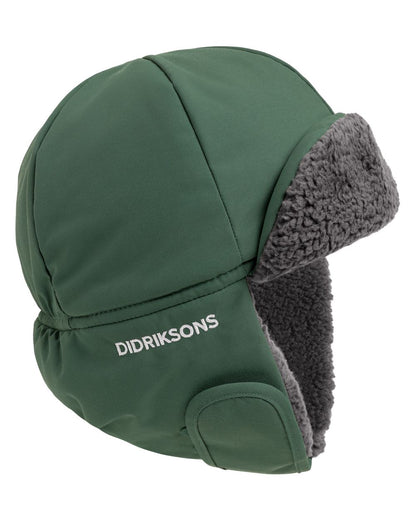 Dark Moss coloured Didriksons Biggles Cap 7 on white background 