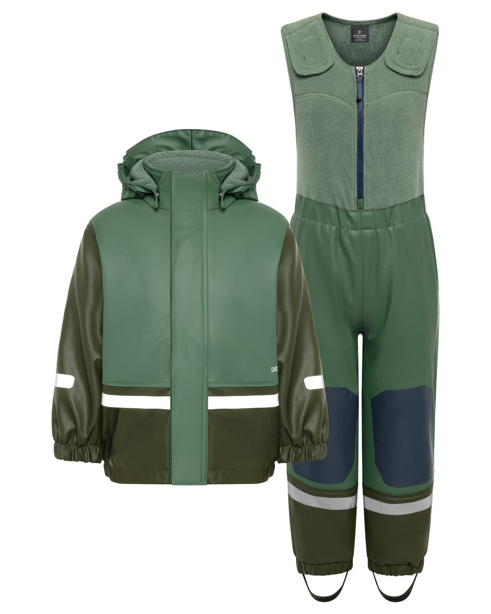 Dark Moss coloured Didriksons Boardman Kids Rain Set on white background 