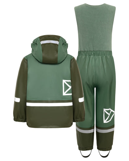 Dark Moss coloured Didriksons Boardman Kids Rain Set on white background 