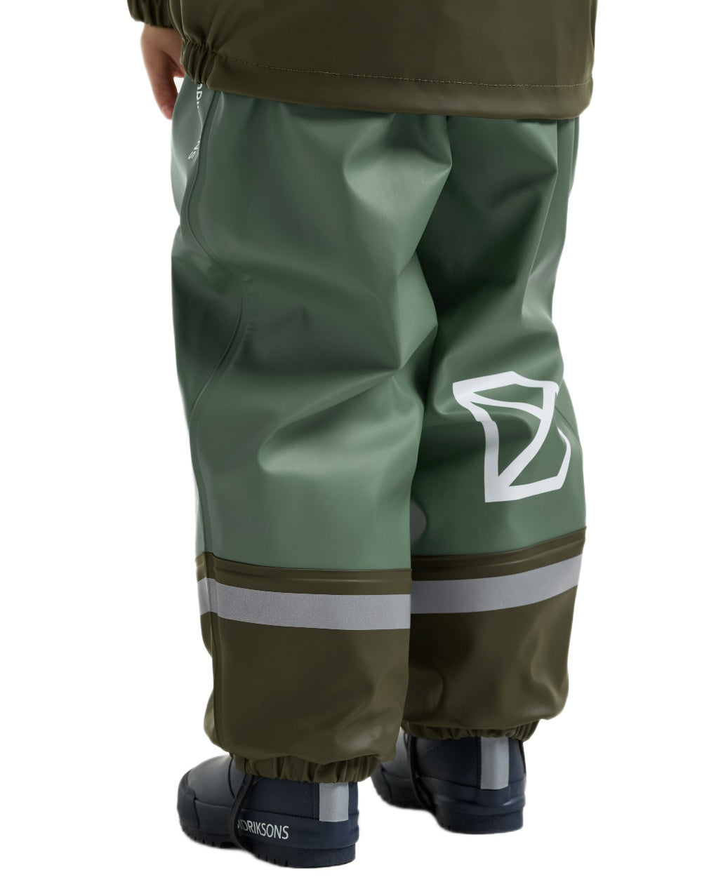 Dark Moss coloured Didriksons Boardman Kids Rain Set on white background 