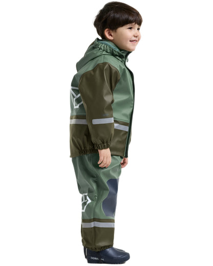 Dark Moss coloured Didriksons Boardman Kids Rain Set on white background 