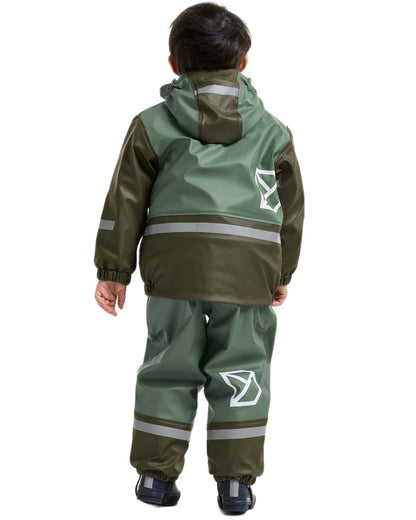 Dark Moss coloured Didriksons Boardman Kids Rain Set on white background 